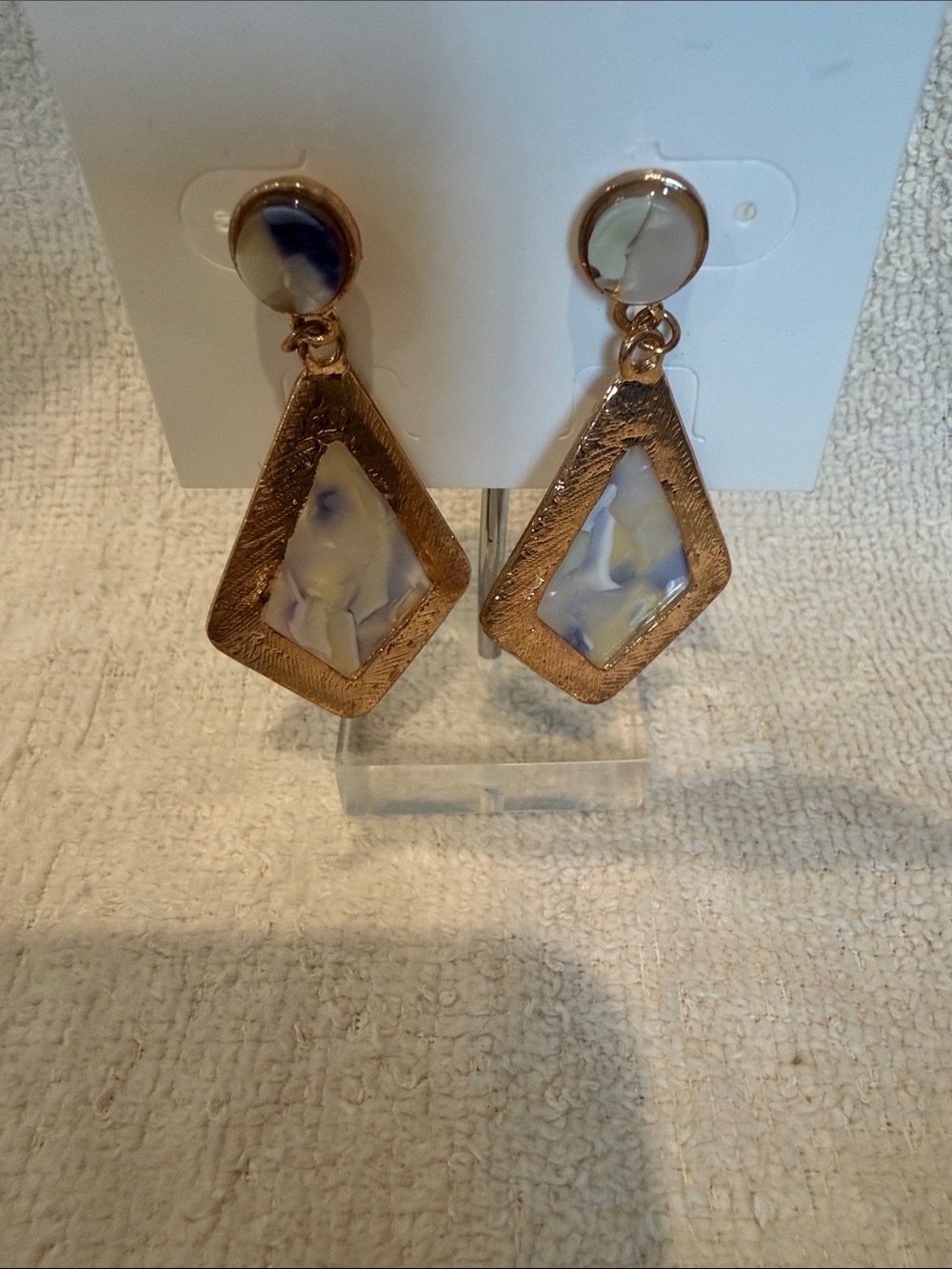 Gold-Tone Drop Earrings with Cream and Blue Marbled Inset